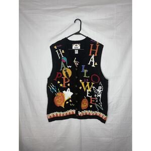 VtgTiara Happy Halloween Sweater Vest Sz XL Cardigan Embroidered Appliqué Y2K